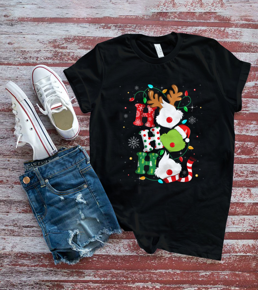 Grinch Ho Ho Ho Christmas Lights Reindeer Santa Hat Snowflakes T-Shirt