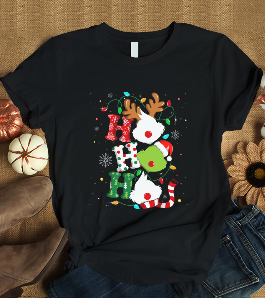 Grinch Ho Ho Ho Christmas Lights Reindeer Santa Hat Snowflakes T-Shirt