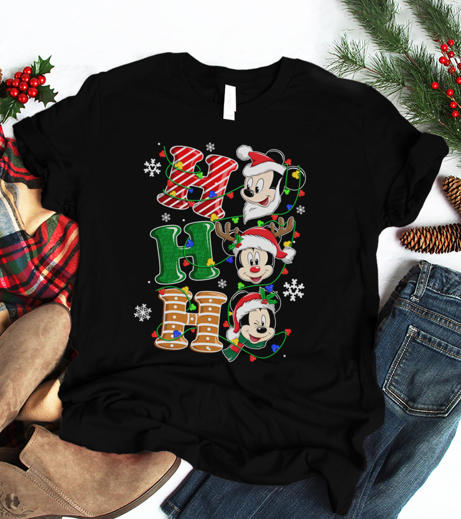 Mickey Mouse Hohoho Christmas Santa Reindeer Lights T-Shirt