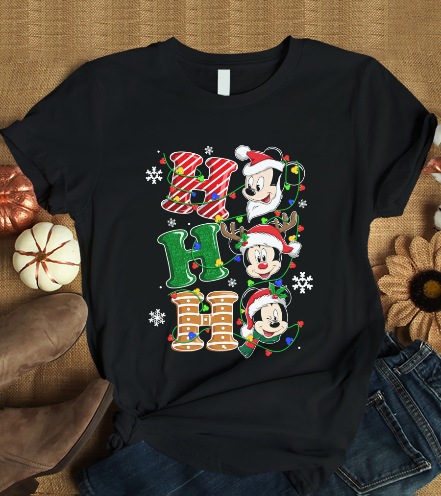 Mickey Mouse Hohoho Christmas Santa Reindeer Lights T-Shirt