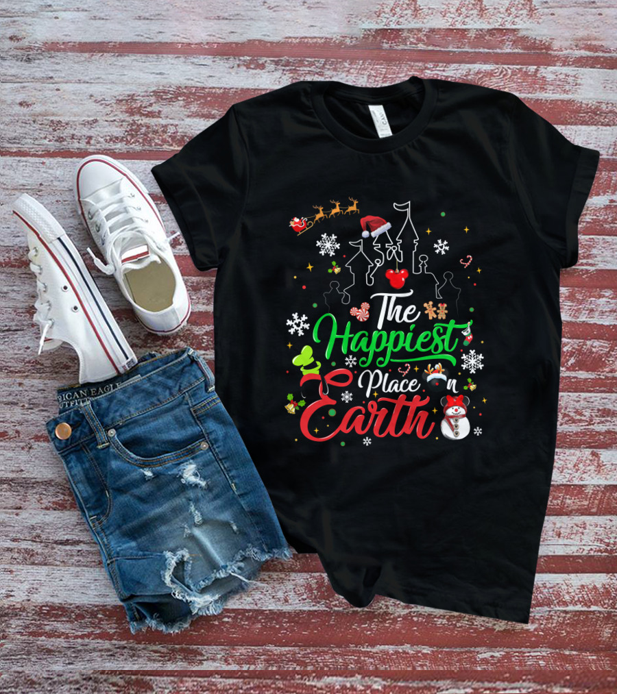 The Happiest Place On Earth Christmas Santa Snowman Gingerbread Reindeer Castle T-Shirt