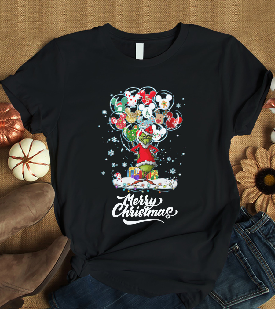 Merry Christmas Grinch Santa With Festive Ornaments And Presents T-Shirt