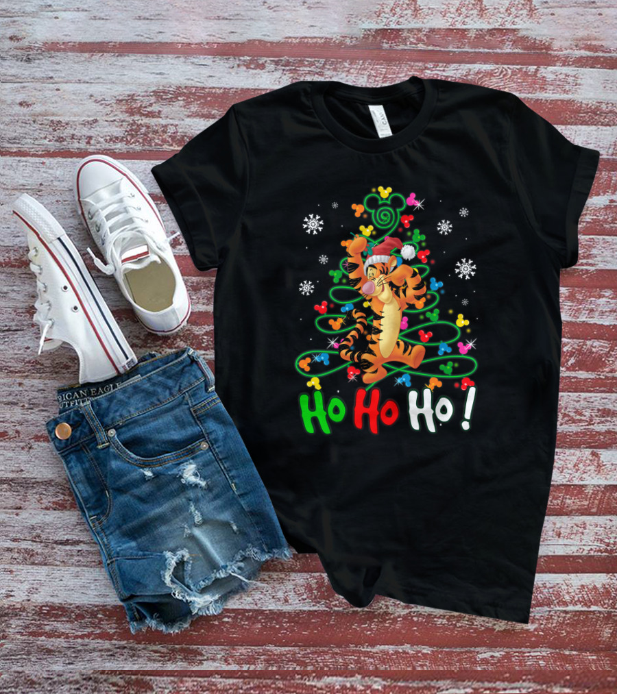 Tigger Ho Ho Ho Christmas Tree Santa Hat Snowflakes Disney Mickey Ears T-Shirt