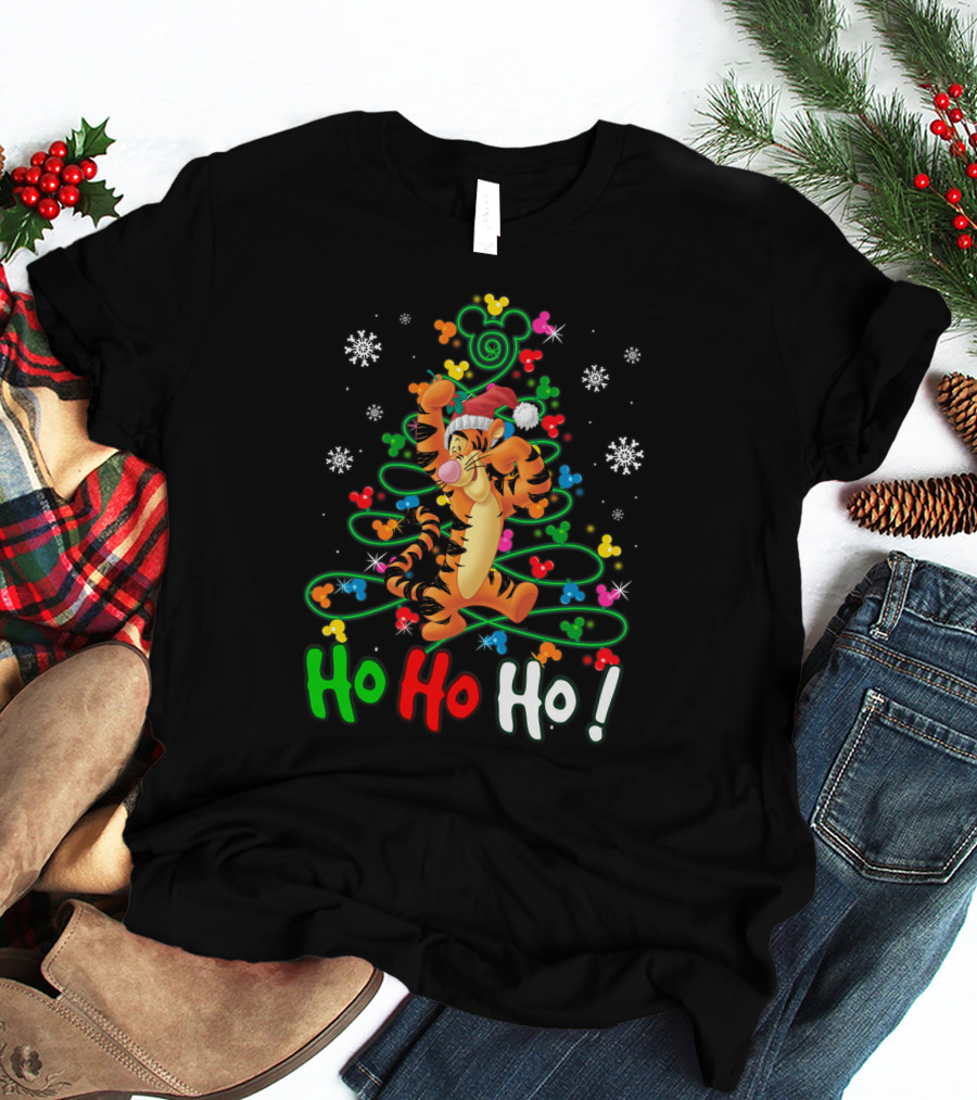 Tigger Ho Ho Ho Christmas Tree Santa Hat Snowflakes Disney Mickey Ears T-Shirt