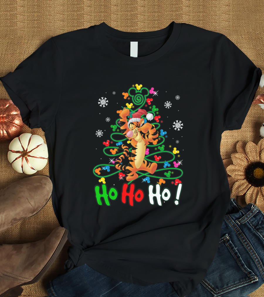 Tigger Ho Ho Ho Christmas Tree Santa Hat Snowflakes Disney Mickey Ears T-Shirt
