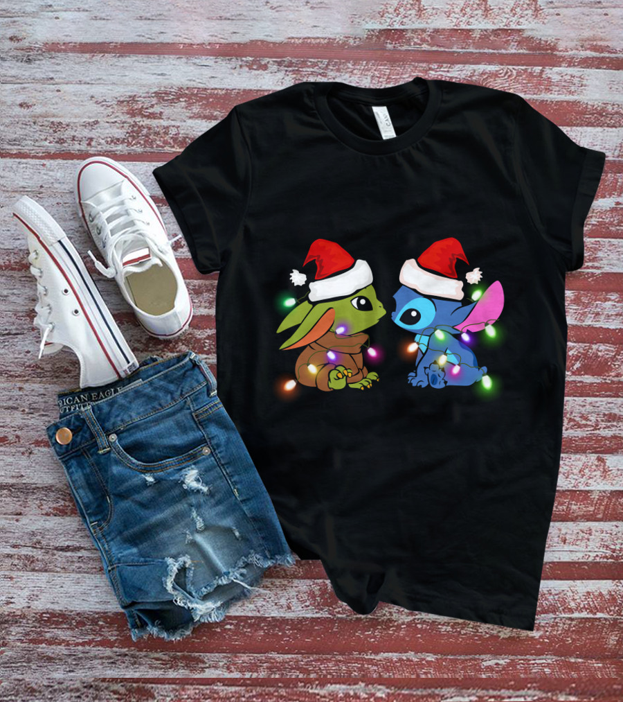 Santa Hat Baby Yoda And Stitch Christmas Lights T-Shirt