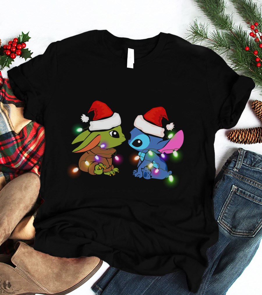 Santa Hat Baby Yoda And Stitch Christmas Lights T-Shirt