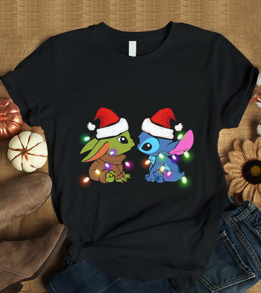Santa Hat Baby Yoda And Stitch Christmas Lights T-Shirt