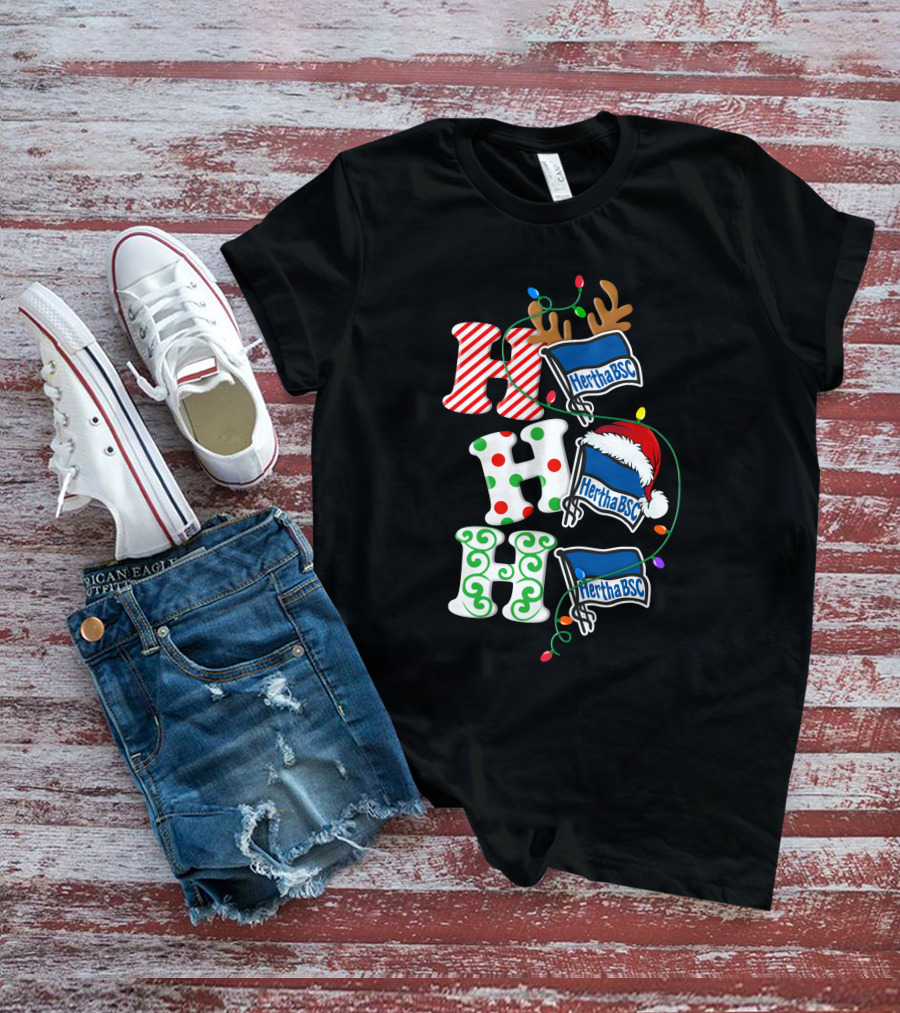 Hertha BSC Ho Ho Ho Christmas Lights Reindeer Santa Hat T-Shirt