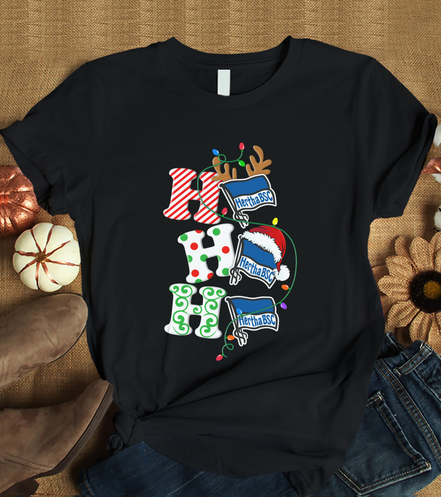 Hertha BSC Ho Ho Ho Christmas Lights Reindeer Santa Hat T-Shirt