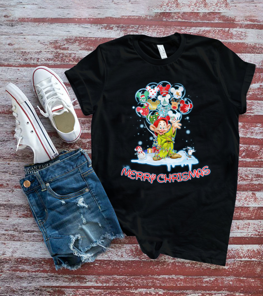 Dopey Merry Christmas Balloons And Snowman T-Shirt