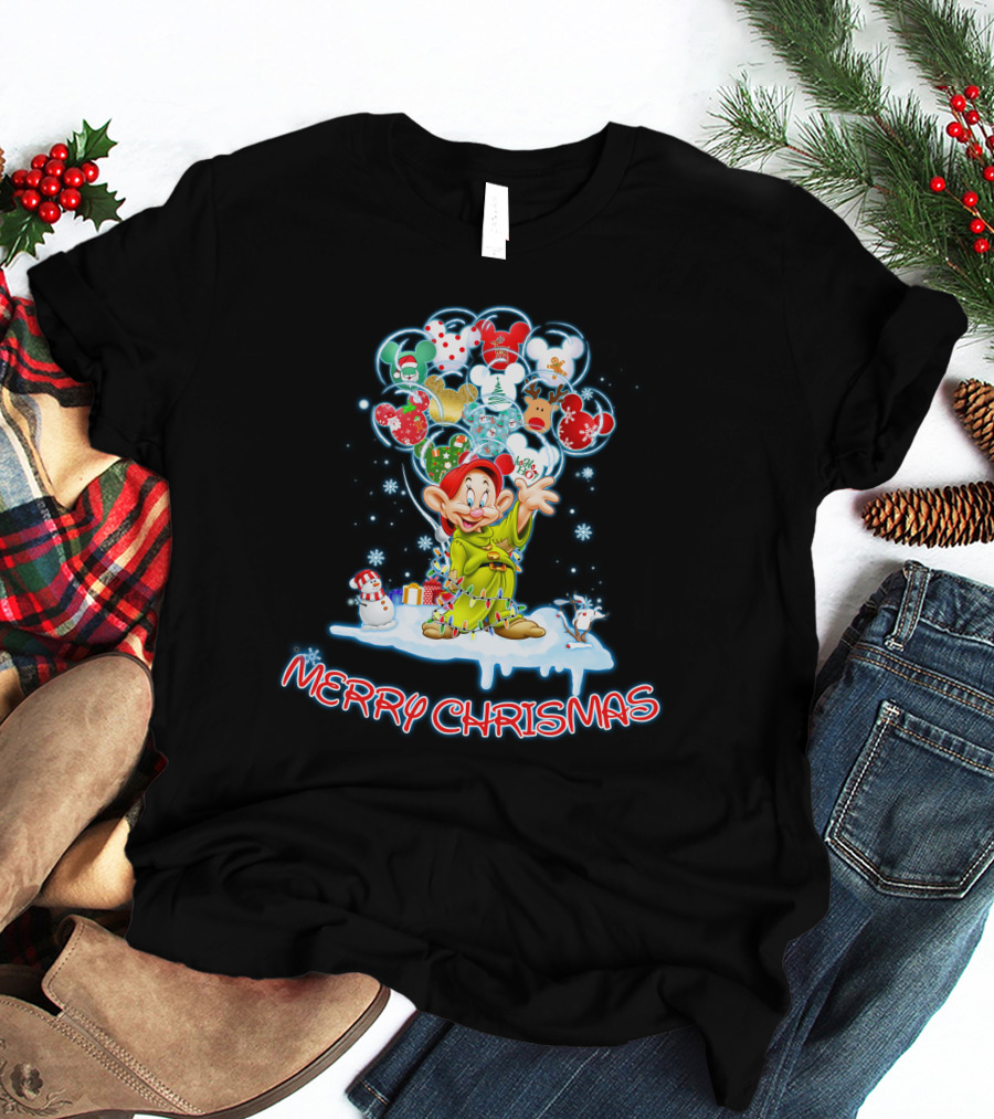 Dopey Merry Christmas Balloons And Snowman T-Shirt