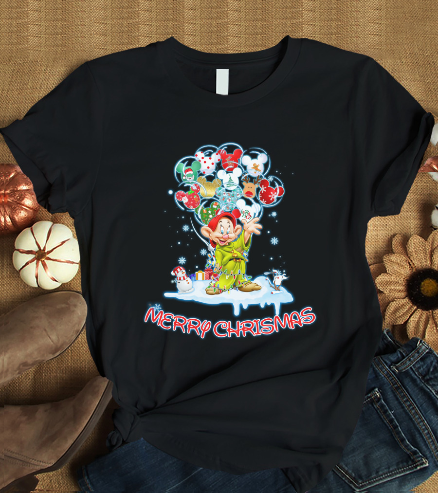 Dopey Merry Christmas Balloons And Snowman T-Shirt