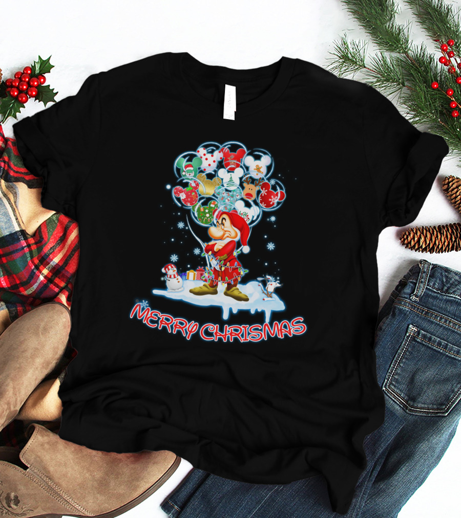 Grumpy Character With Festive Balloons Merry Christmas T-Shirt