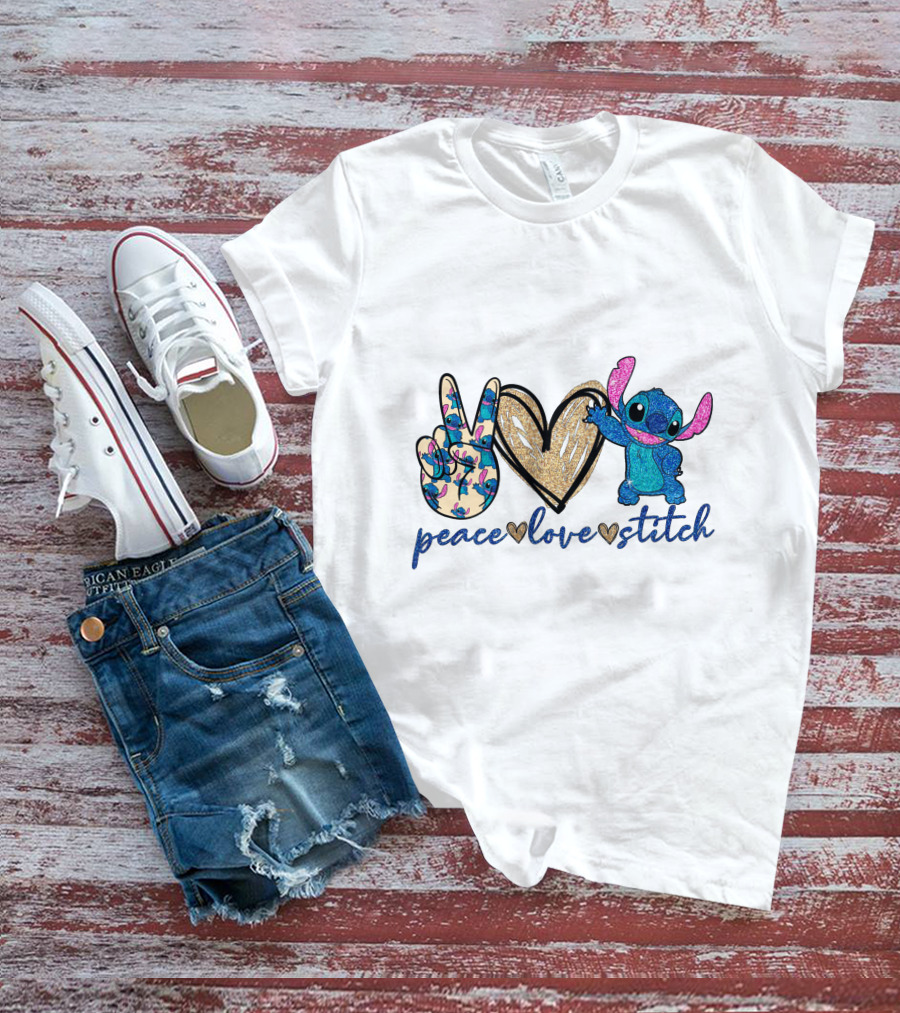 Peace Love Stitch Alien Character With Peace And Heart Symbols T-Shirt