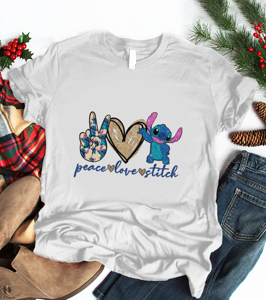 Peace Love Stitch Alien Character With Peace And Heart Symbols T-Shirt