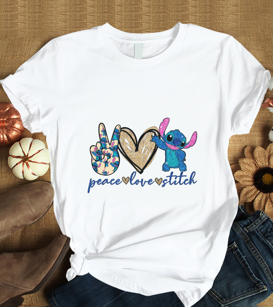 Peace Love Stitch Alien Character With Peace And Heart Symbols T-Shirt