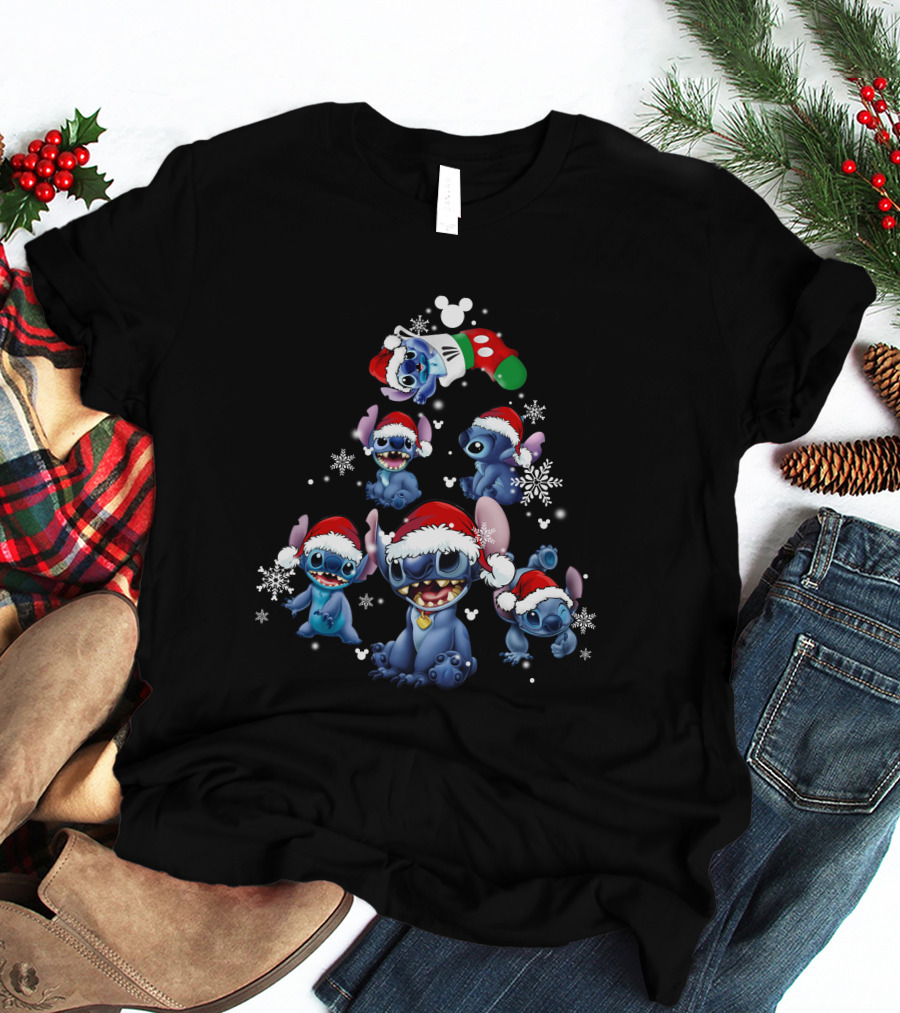 Stitch Christmas Tree With Santa Hat And Snowflakes T-Shirt