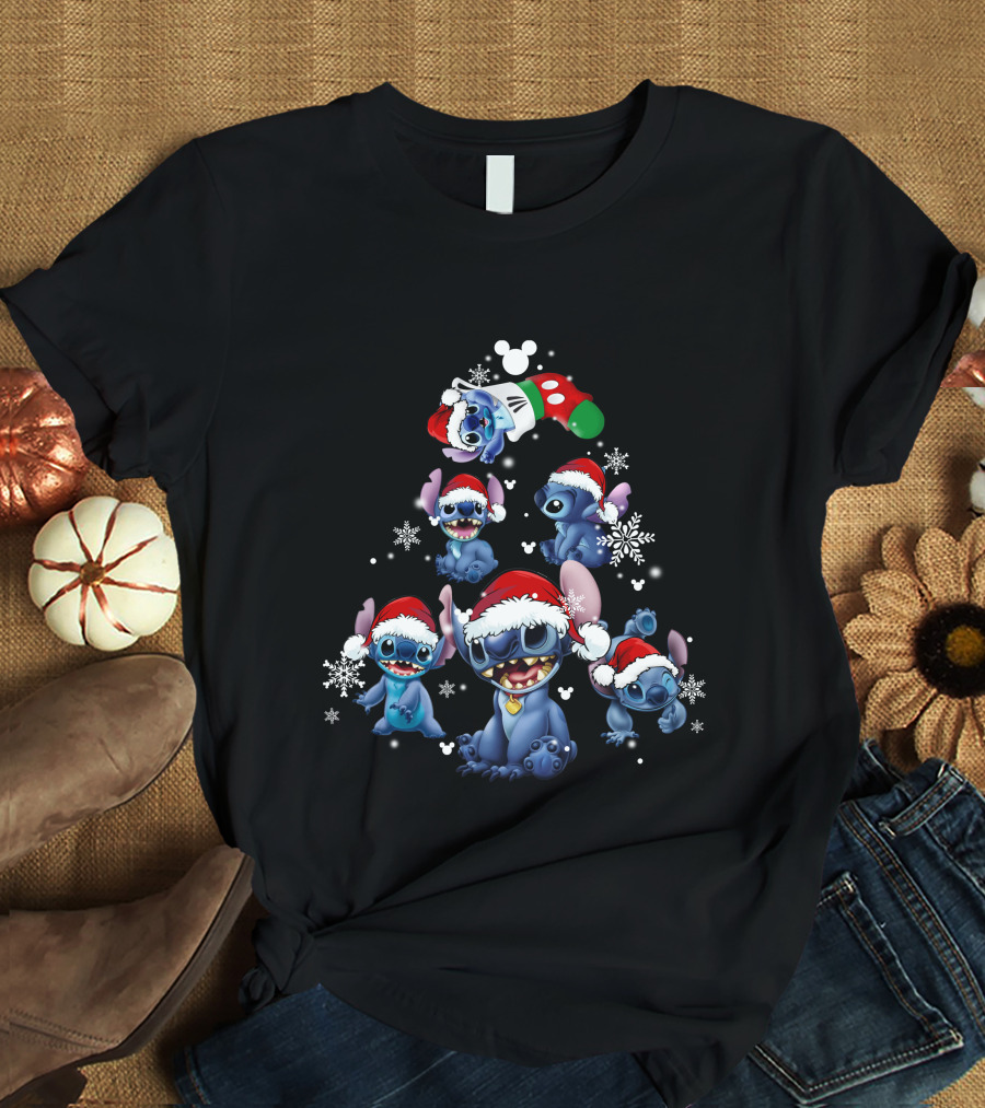 Stitch Christmas Tree With Santa Hat And Snowflakes T-Shirt