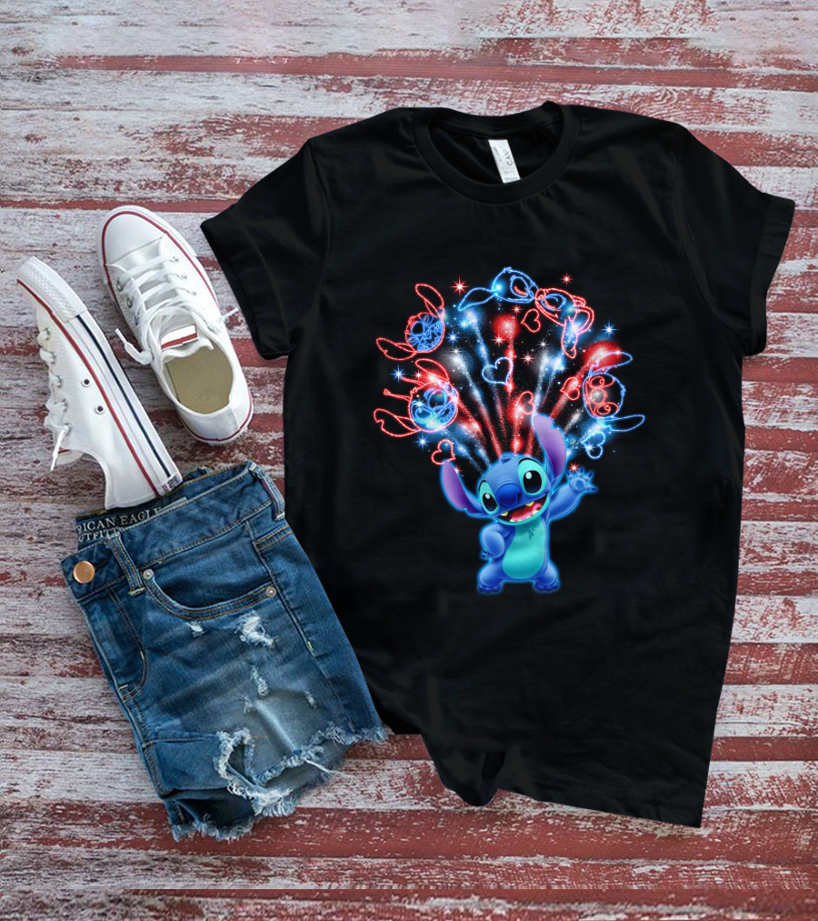 Stitch Magic Fireworks Burst Hearts And Glasses T-Shirt