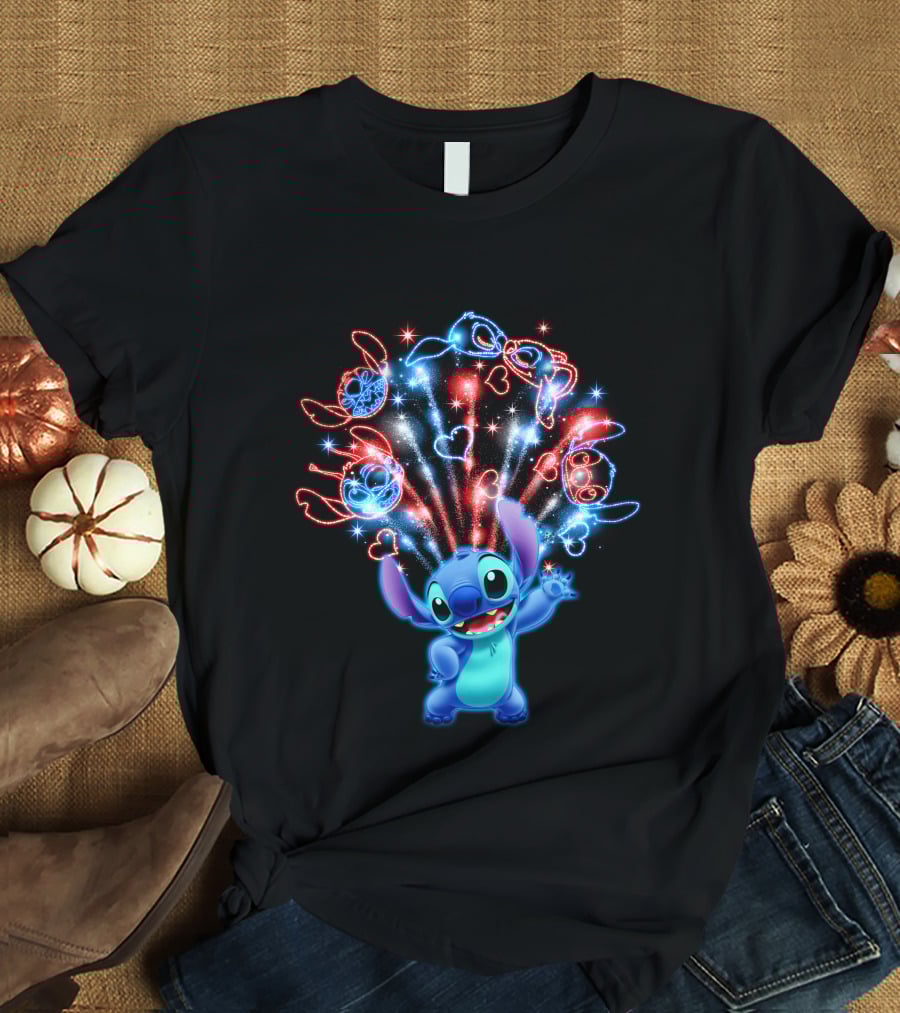 Stitch Magic Fireworks Burst Hearts And Glasses T-Shirt