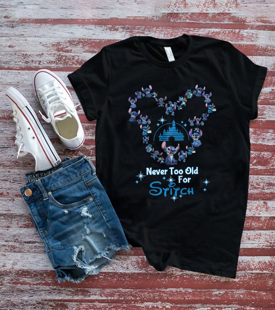 Never Too Old For Stitch Disney Castle Heart Shape T-Shirt