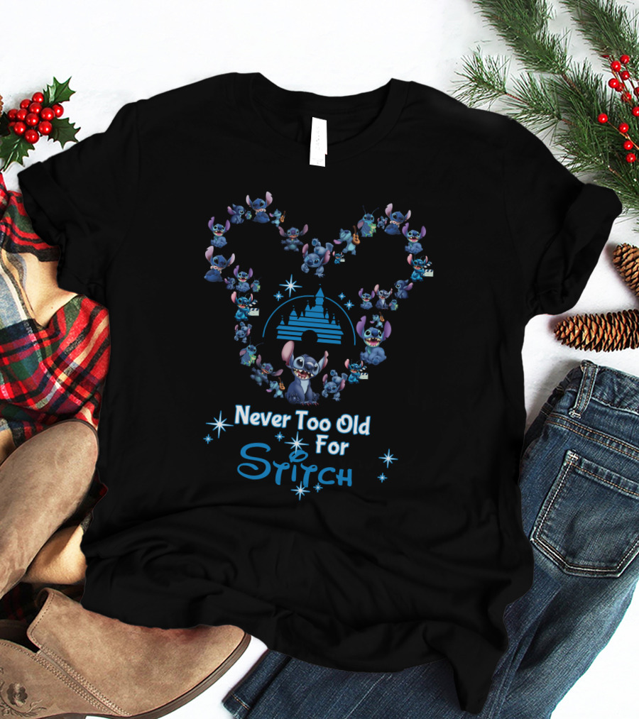 Never Too Old For Stitch Disney Castle Heart Shape T-Shirt