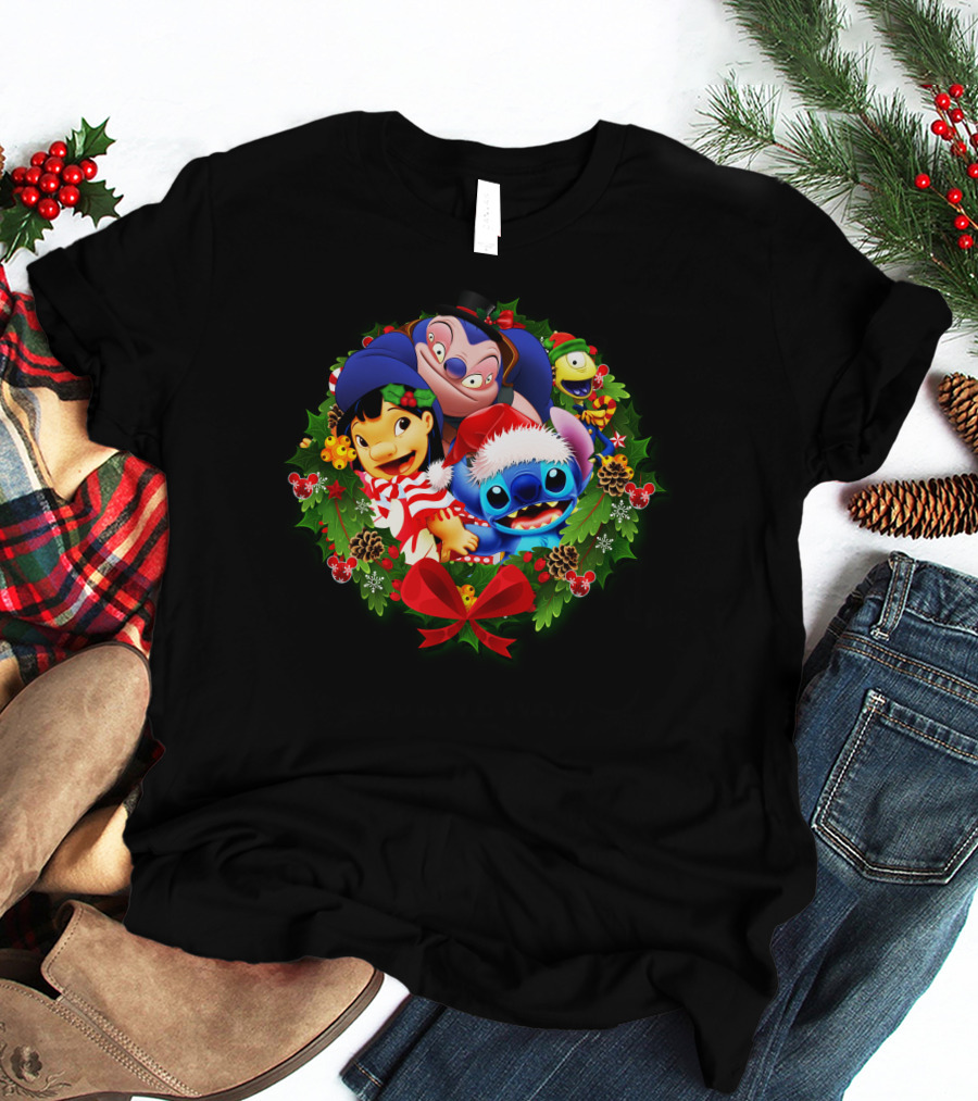 ST&FRIENDS Christmas Lilo And Stitch Holiday Wreath T-Shirt