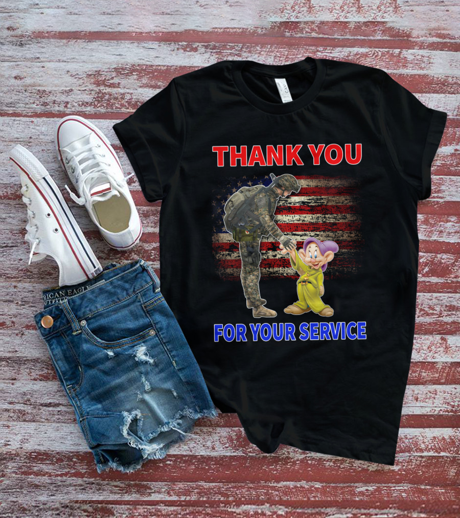 Thank You For Your Service With Soldier And Dopey American Flag Background T-Shirt