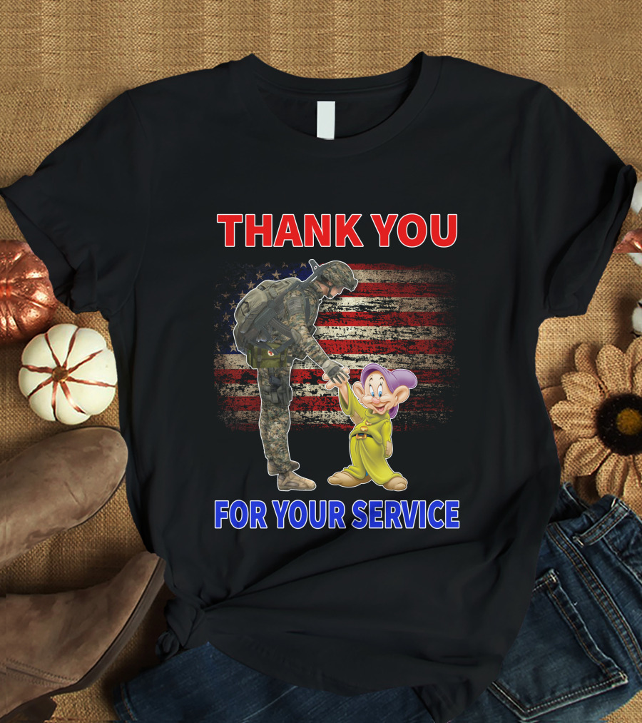 Thank You For Your Service With Soldier And Dopey American Flag Background T-Shirt