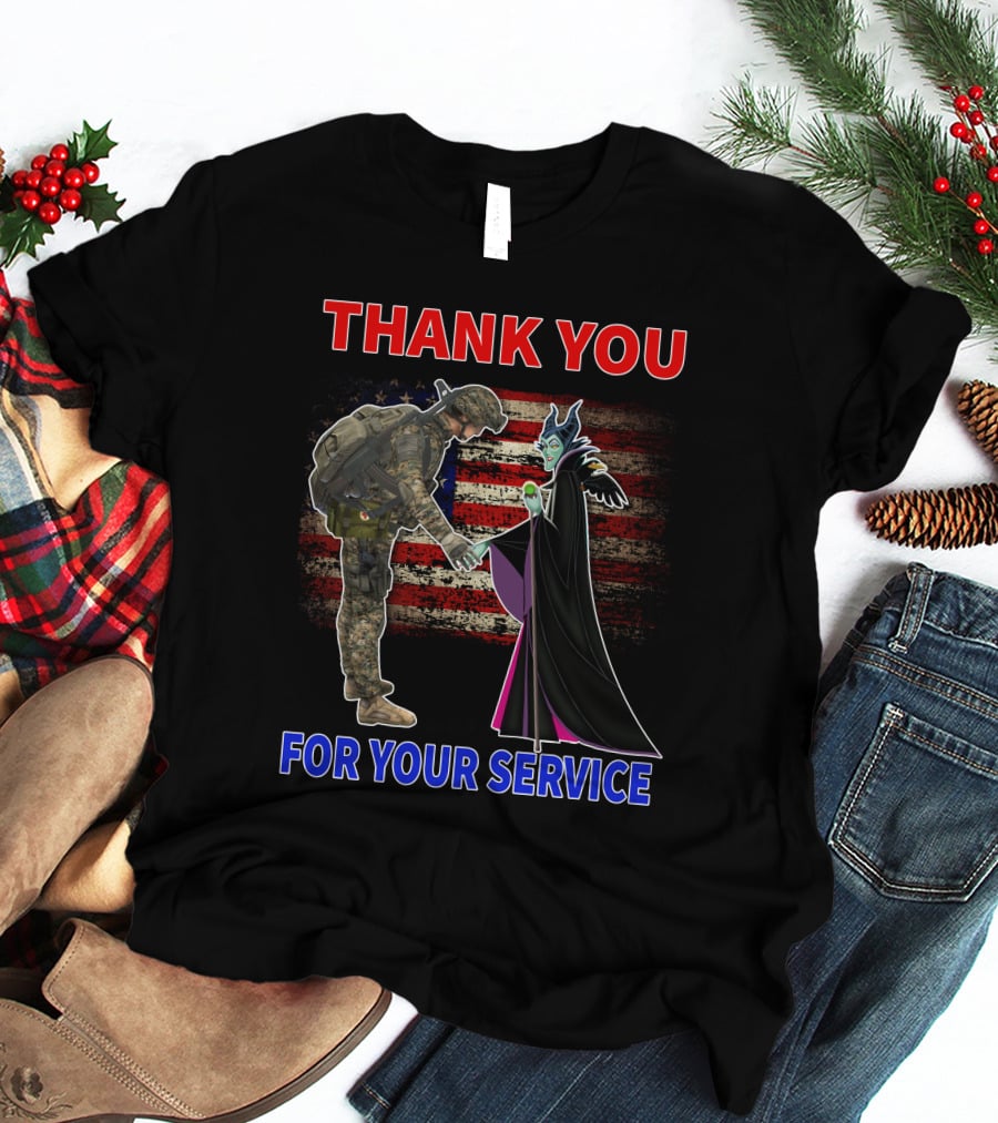Maleficent Thank You For Your Service Soldier With American Flag Background T-Shirt