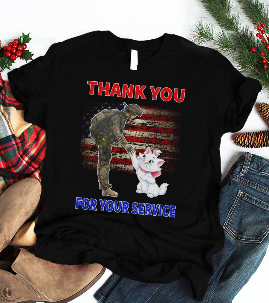 Thank You For Your Service Soldier With Marie Cat And American Flag T-Shirt