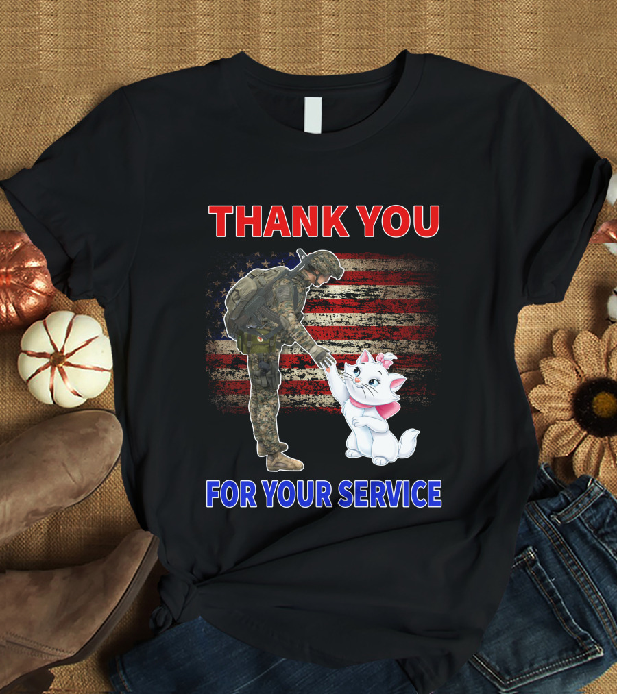 Thank You For Your Service Soldier With Marie Cat And American Flag T-Shirt