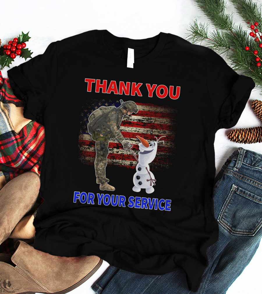Thank You For Your Service Soldier With Olaf And American Flag T-Shirt