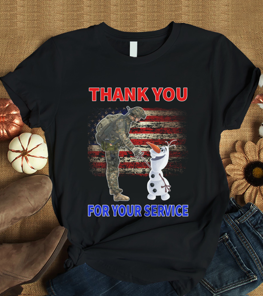 Thank You For Your Service Soldier With Olaf And American Flag T-Shirt