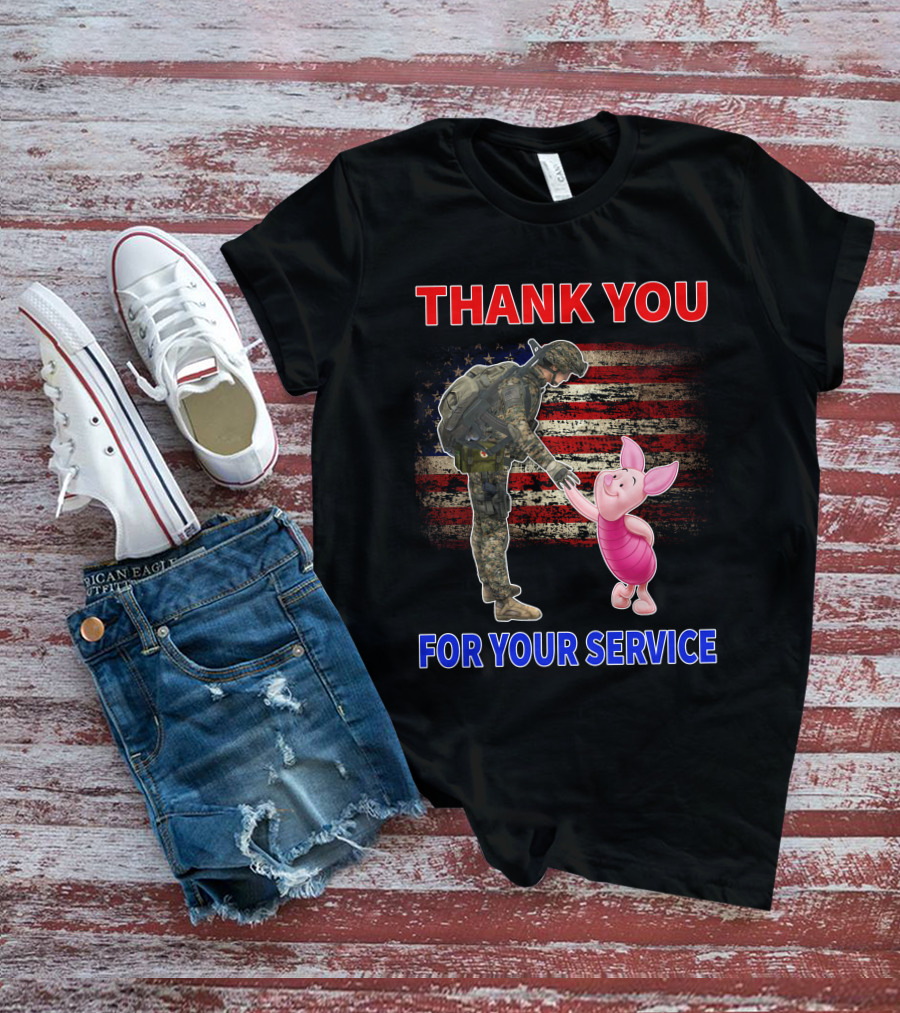 Thank You For Your Service Piglet Soldier American Flag T-Shirt