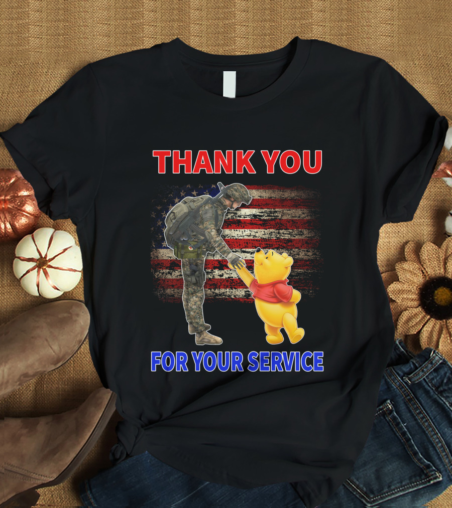 Thank You For Your Service Soldier And Pooh With American Flag Background T-Shirt