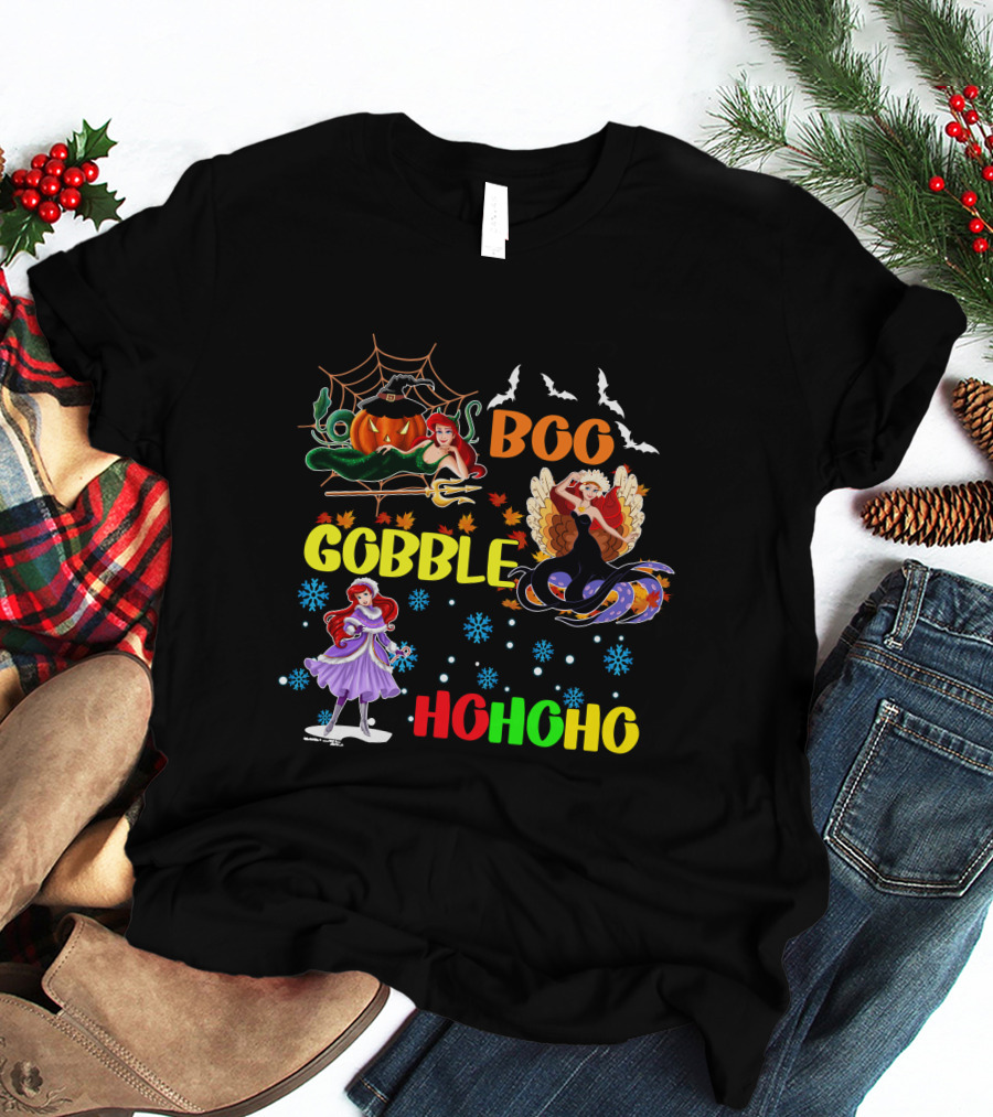 Boo Gobble HoHoHo Ariel HalloThanksMas T-Shirt