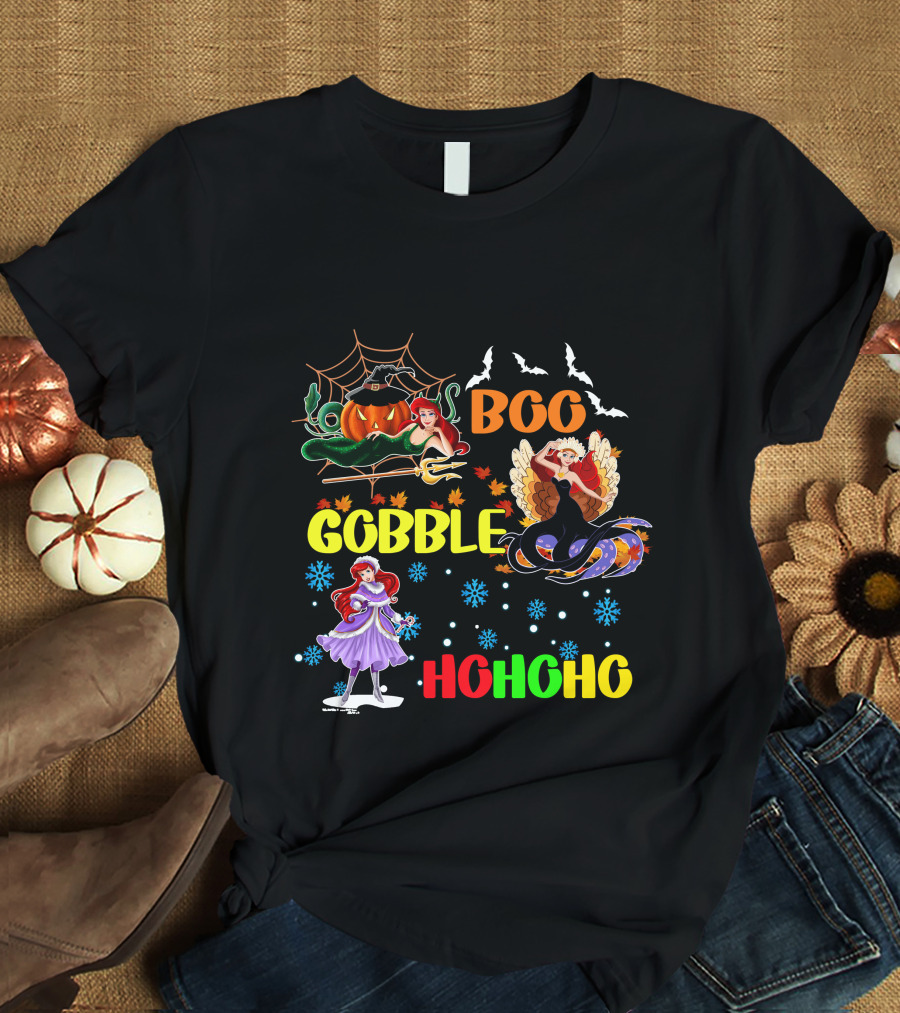 Boo Gobble HoHoHo Ariel HalloThanksMas T-Shirt
