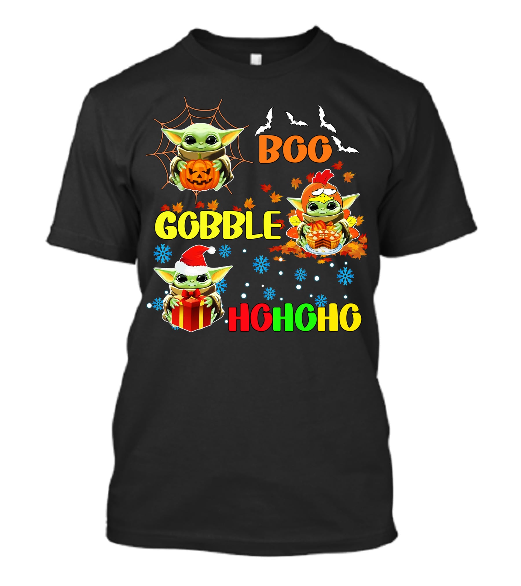 Baby Yoda Boo Gobble HoHoHo HalloThanksMas T-Shirt