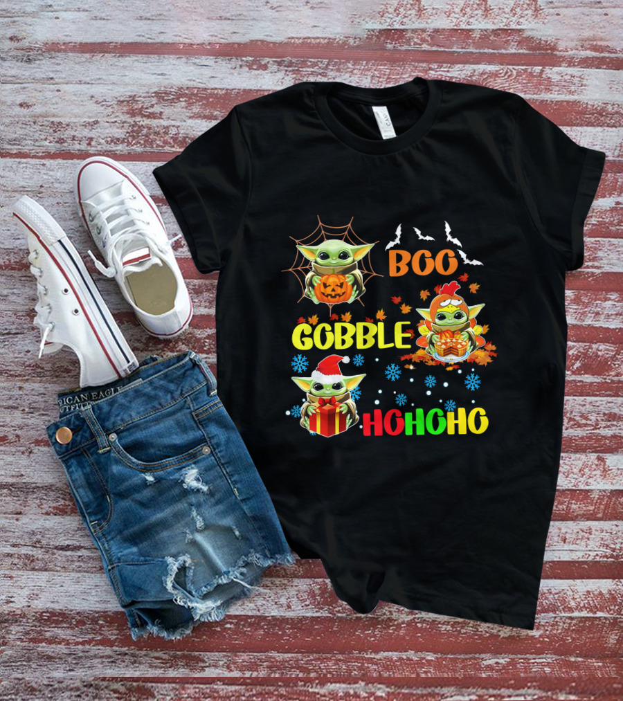 Baby Yoda Boo Gobble HoHoHo HalloThanksMas T-Shirt