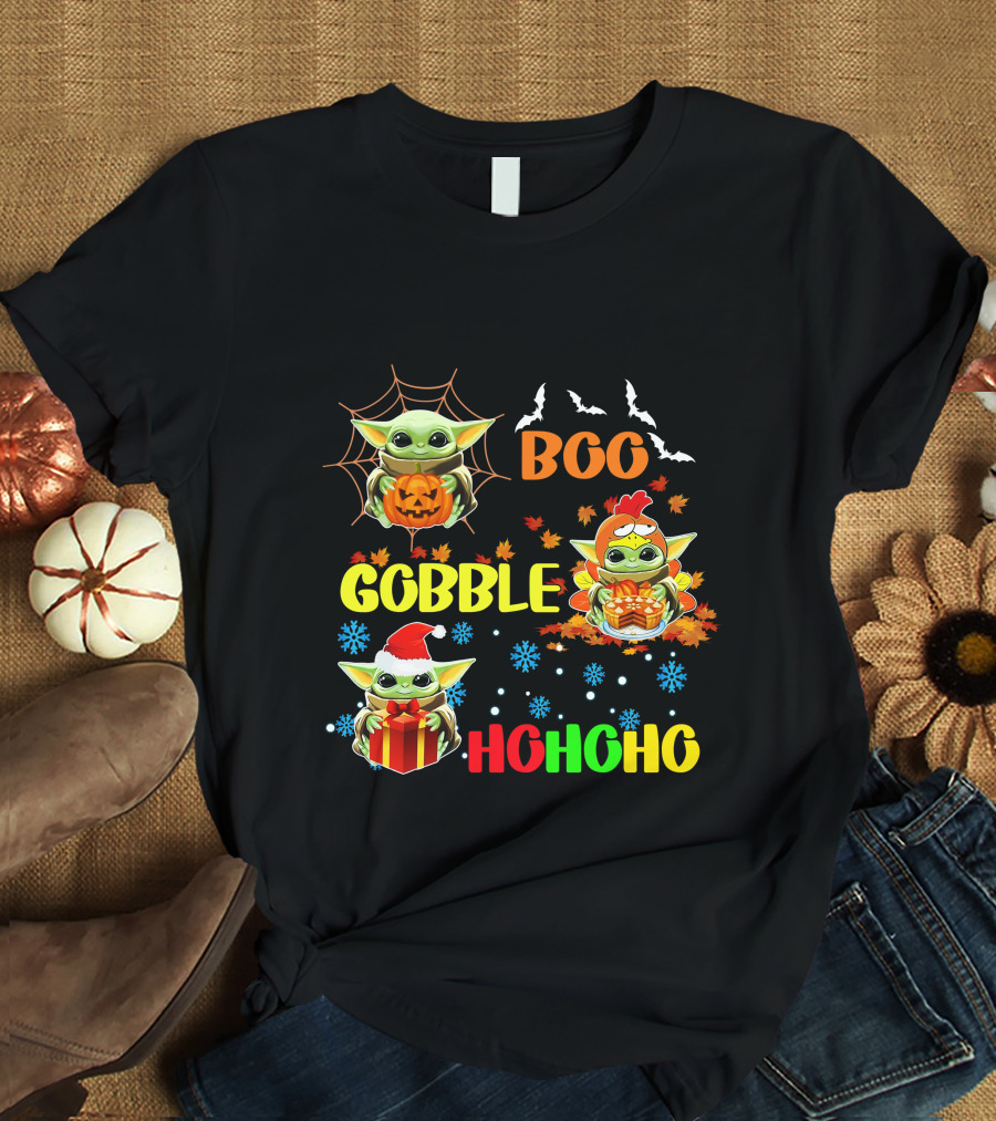 Baby Yoda Boo Gobble HoHoHo HalloThanksMas T-Shirt