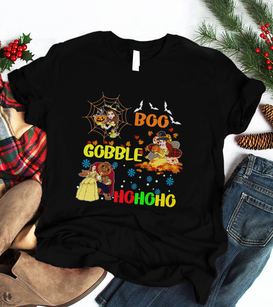 Boo Gobble Hohoho Belle HalloThanksMas T-Shirt