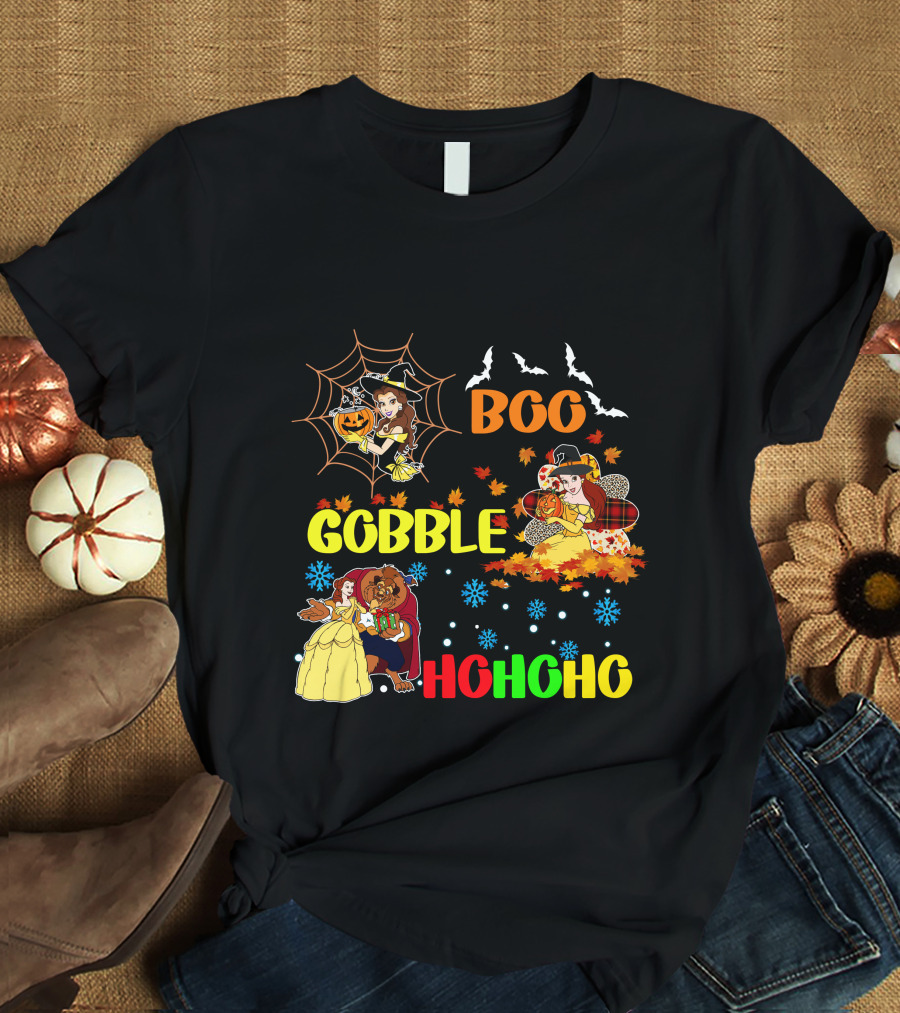 Boo Gobble Hohoho Belle HalloThanksMas T-Shirt
