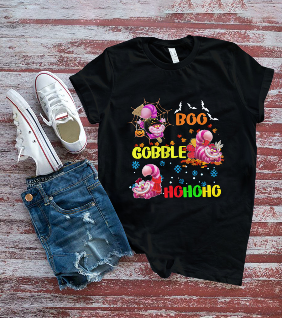Cheshire Cat Boo Gobble HoHoHo HalloThanksMas T-Shirt