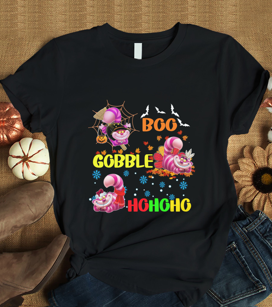 Cheshire Cat Boo Gobble HoHoHo HalloThanksMas T-Shirt