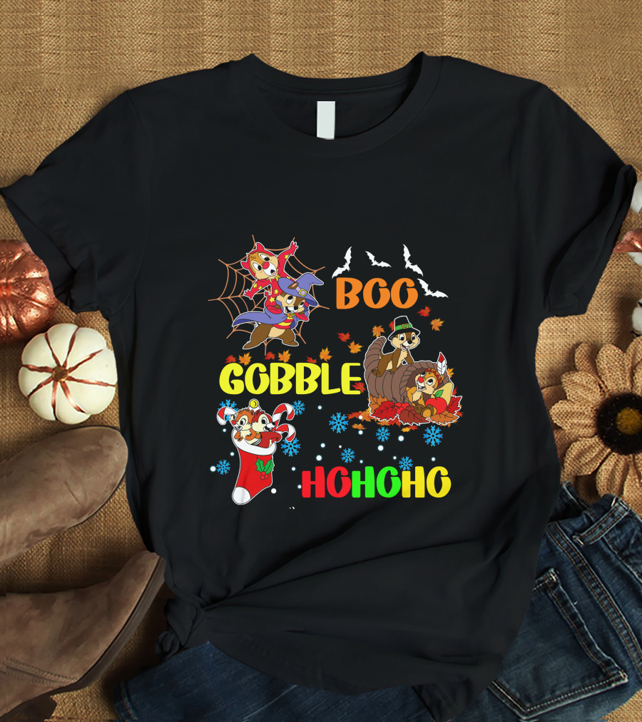 Chip And Dale Boo Gobble HoHoHo Halloween Thanksgiving Christmas T-Shirt