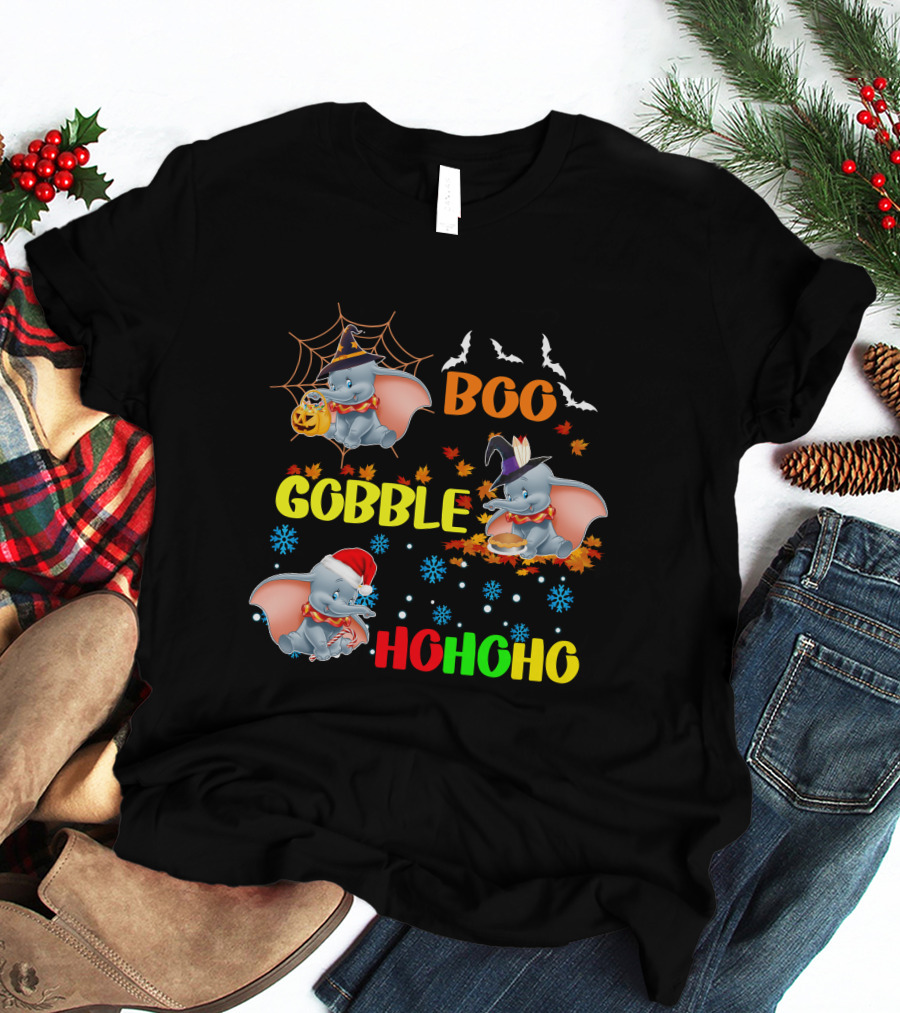 Dumbo Boo Gobble Ho Ho Ho Halloween Thanksgiving Christmas T-Shirt