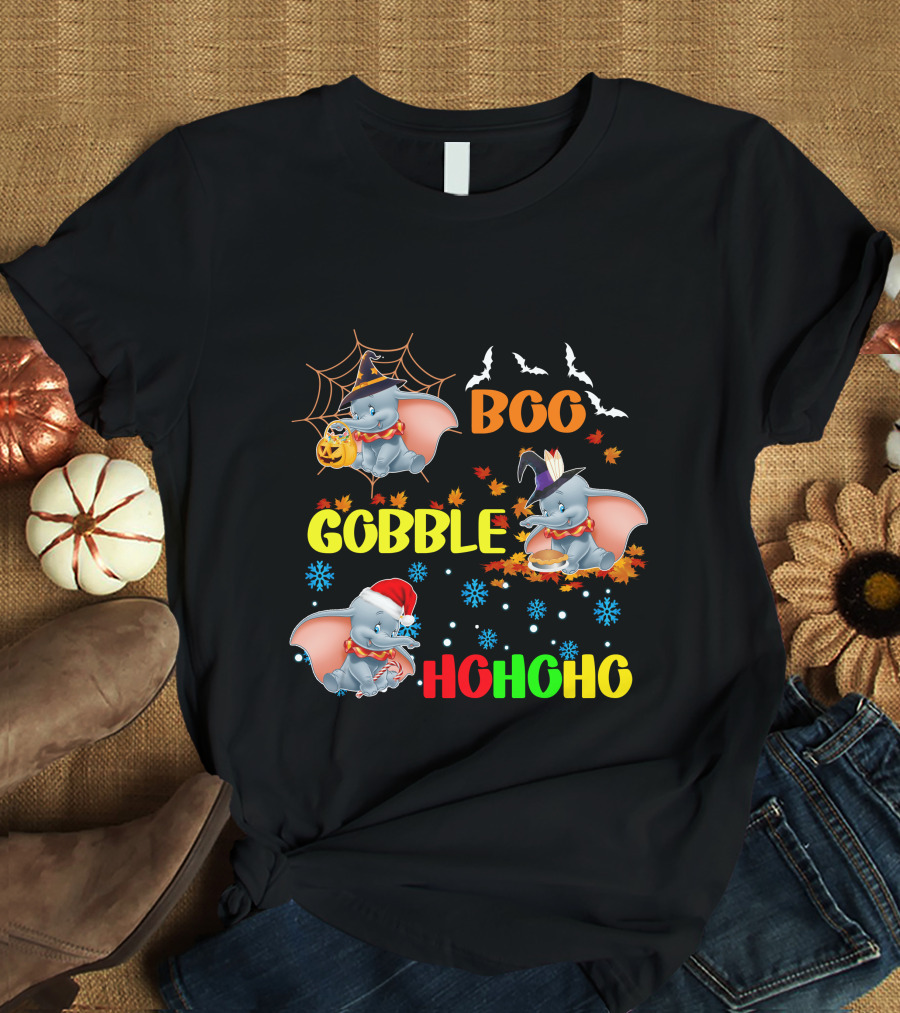 Dumbo Boo Gobble Ho Ho Ho Halloween Thanksgiving Christmas T-Shirt