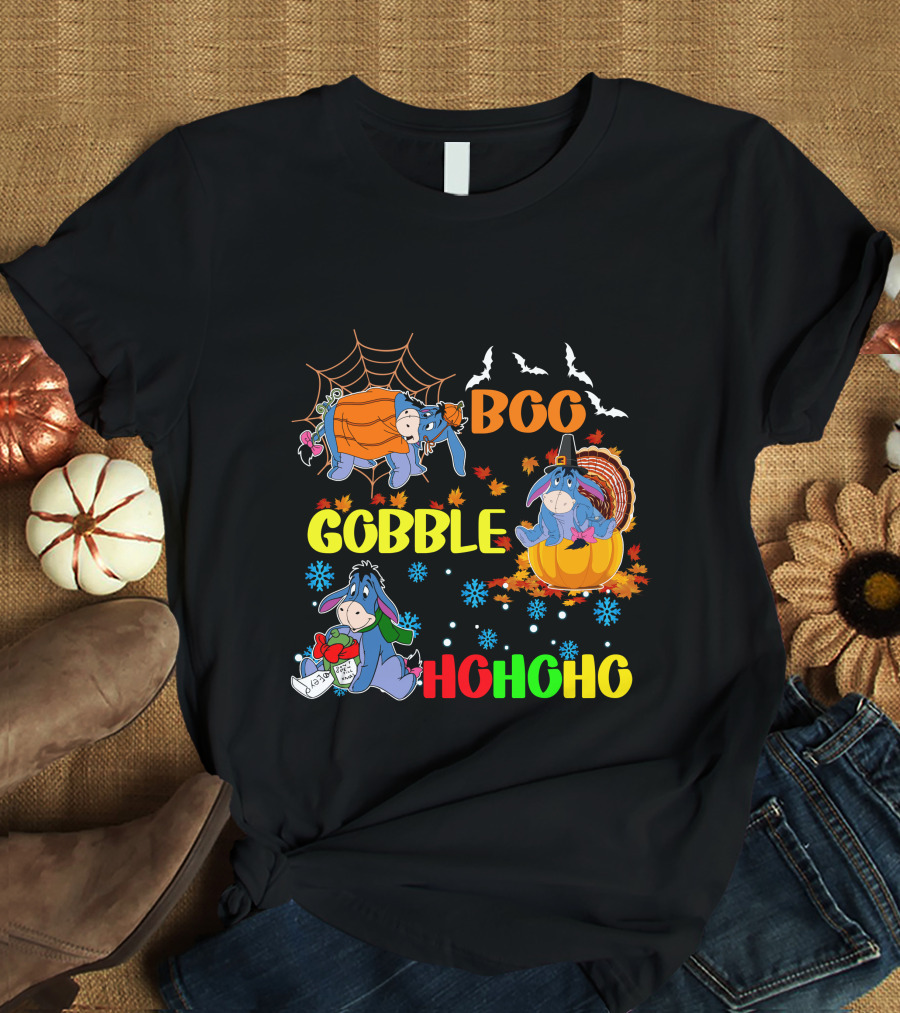 Eeyore Boo Gobble HoHoHo HalloThanksMas T-Shirt